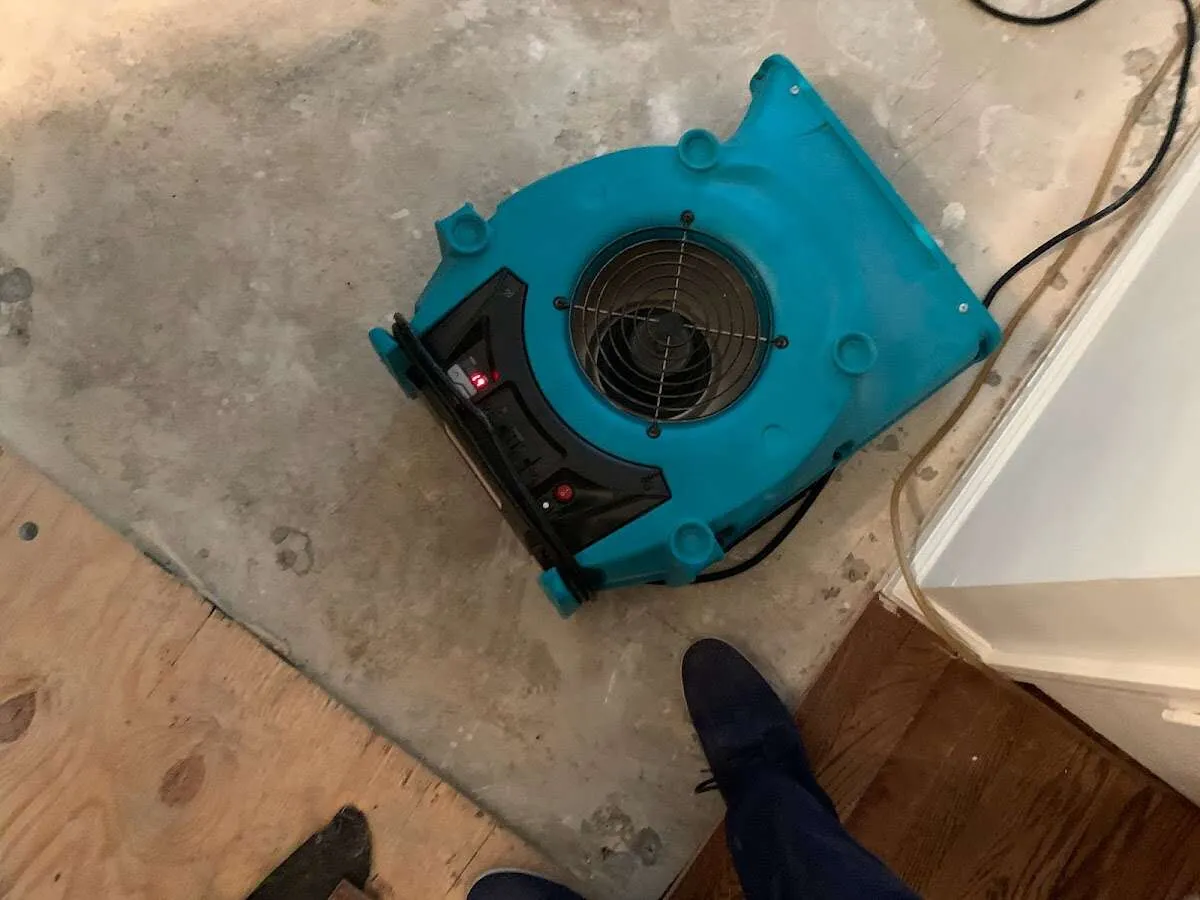 Air mover drying subfloor during Commercial Water Damage Restoration in Fresno